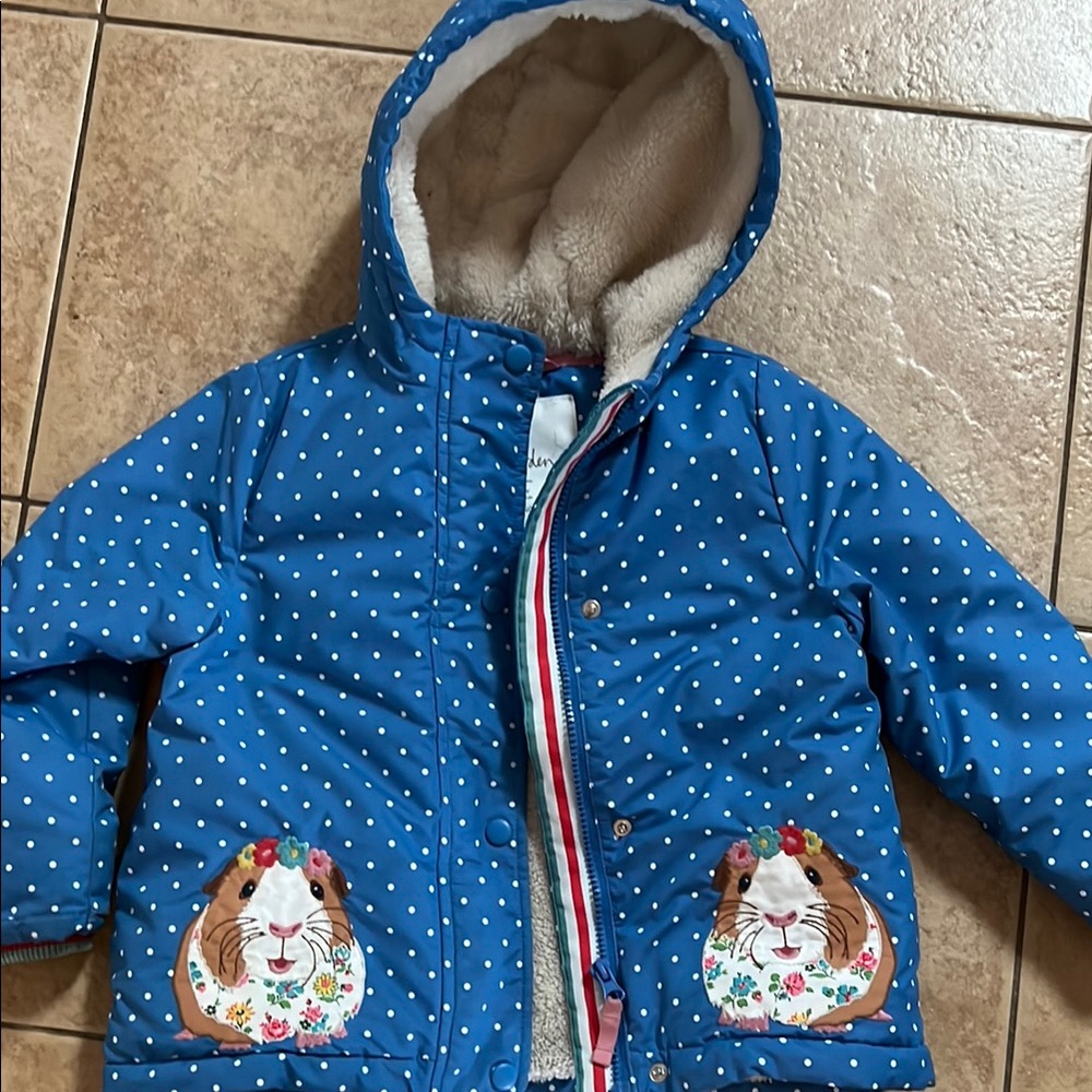 VGUC Mini Boden blue polka dot genuine pig jacket 3-4T